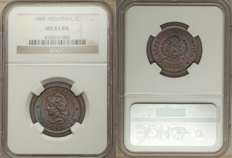 Republic Centavo 1888 MS65 Brown NGC, KM32. Arms / Capped liberty head left. Fro...