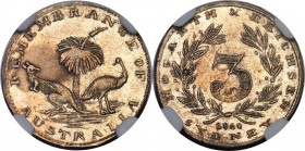 Victoria silver 3 Pence Token 1860 AU58 NGC, KM-Tn118. Tree divides emu and kangaroo / Denomination, small 3. From A Special Selection of World Coins
...