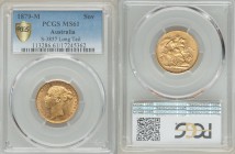 Victoria gold "St. George" Sovereign 1879-M MS61 PCGS, Melbourne mint, KM7, S-3857. Long Tail variety. Young head left, mint mark below / St. George s...