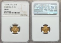 Salzburg. Leopold Anton Eleutherius gold 1/4 Ducat 1728 MS62 NGC, KM330, Friedberg 851. Cardinals' hat above shield / St. Rupert above value within ov...