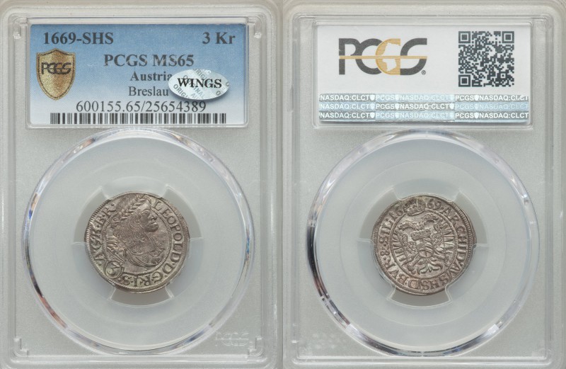 Leopold I 3 Kreuzer 1669 MS65 PCGS, KM1169. Bust right in inner circle / Crowned...