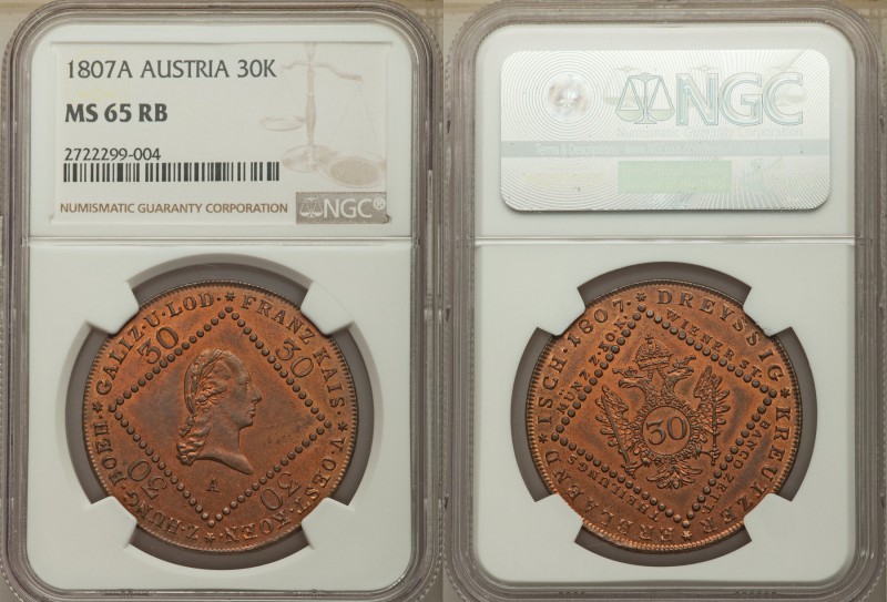 Franz I 30 Kreuzer 1807-A MS65 Red and Brown NGC, Vienna mint, KM2149. Edge: Cha...