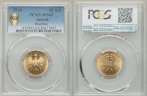 Republic gold 25 Schilling 1928 MS65 Prooflike PCGS, KM2841, Friedberg 521. Imperial Eagle with Austrian shield on breast, holding hammer and sickle, ...