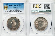 Republic Proof 25 Schilling 1956 PR66 Cameo PCGS, KM2881. Value within beaded circle, small spray of leaves below, surrounded by 3/4 circle of shields...