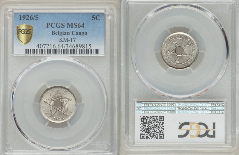 Belgian Colony 5 Centimes 1926/5 MS64 PCGS, KM17. Hole at center of crowned "A"s...