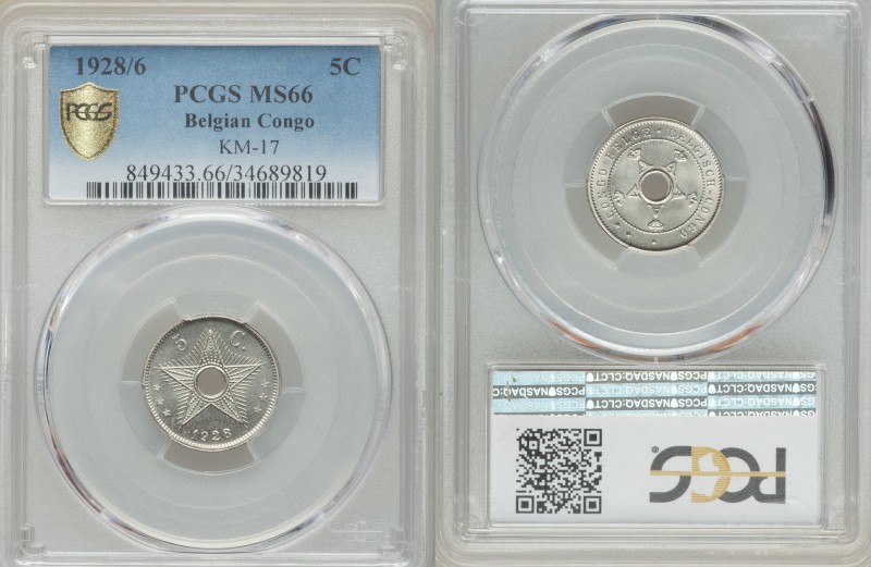 Belgian Colony 5 Centimes 1928 MS66 PCGS, KM17. Hole at center of crowned "A"s, ...