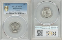 Belgian Colony 5 Centimes 1928 MS66 PCGS, KM17. Hole at center of crowned "A"s, within circle / Hole at center of star, date below star, value above. ...