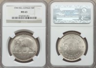 Belgian Colony 50 Francs 1944 MS63 NGC, KM27. Denomination at center, stars flanking, legend at top and bottom / African elephant left, date below. Fr...