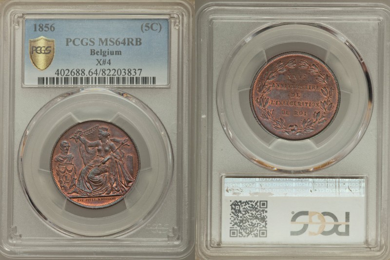 Leopold I 5 Centimes 1856 MS64 Red and Brown PCGS, KM-X4. Struck to commemorate ...