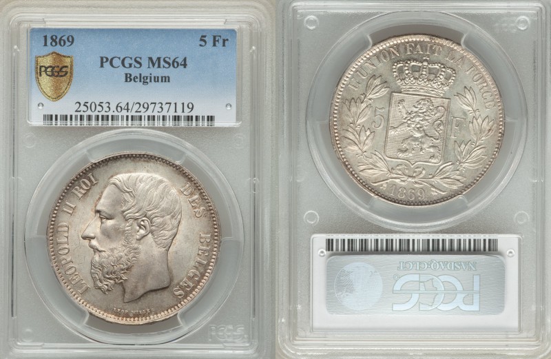 Leopold II 5 Francs 1869 MS64 PCGS, KM24, Dupriez 1105. Smaller head, engraver's...