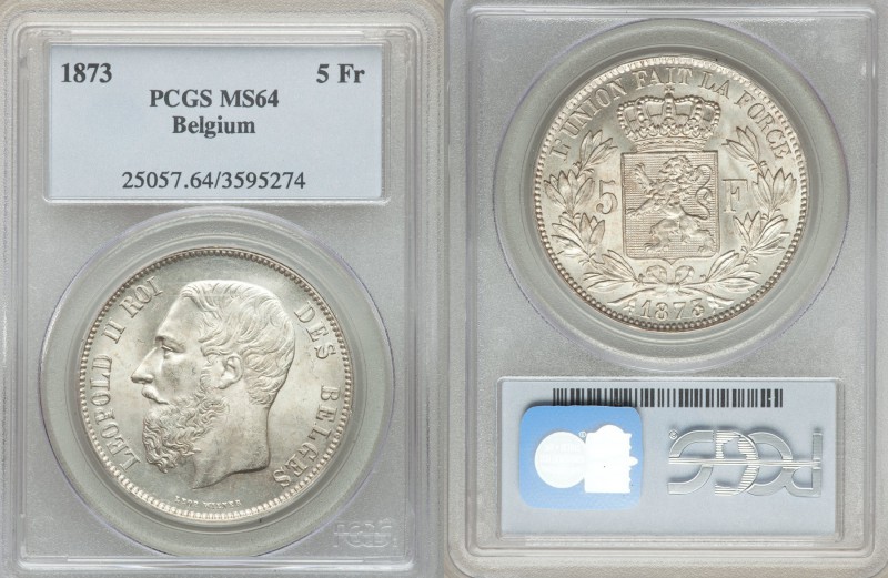 Leopold II 5 Francs 1873 MS64 PCGS, KM 24, Position A. Smaller head, engraver's ...