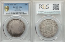 Charles III 4 Reales 1776 PTS-PR G06 PCGS, Potosi mint, KM54, Calico 1178. Laureate bust right / Crowned arms between pillars From A Special Selection...