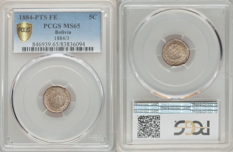 Republic 5 Centavos 1884 PTS-FE MS65 PCGS, Potosi mint, KM157.1. Legend around o...