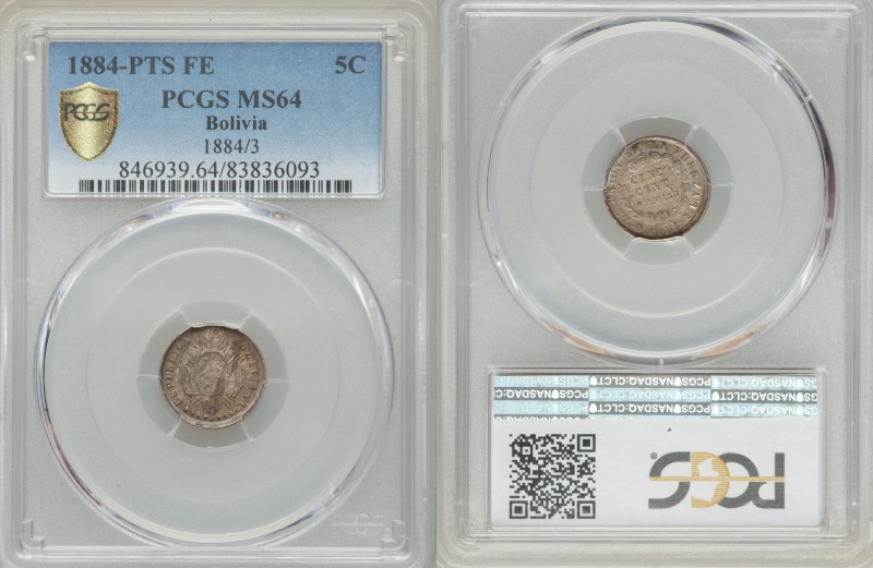 Republic 5 Centavos 1884 PTS-FE MS64 PCGS, KM157.1. Crossed flags and weapons be...