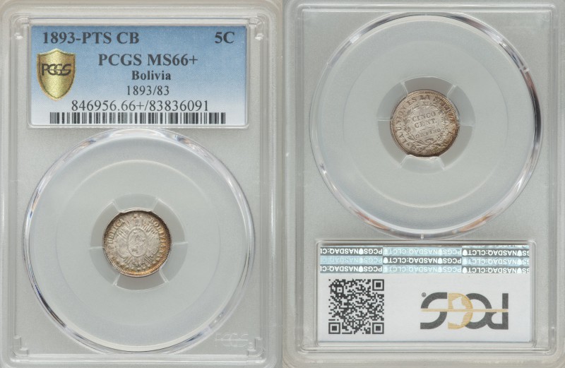 Republic 5 Centavos 1893 PTS-CB MS66+ PCGS, KM157.2. Crossed flags and weapons b...