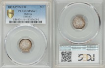 Republic 5 Centavos 1893 PTS-CB MS66+ PCGS, KM157.2. Crossed flags and weapons behind condor-topped oval arms, stars below / Bar between CENT and 9 D,...