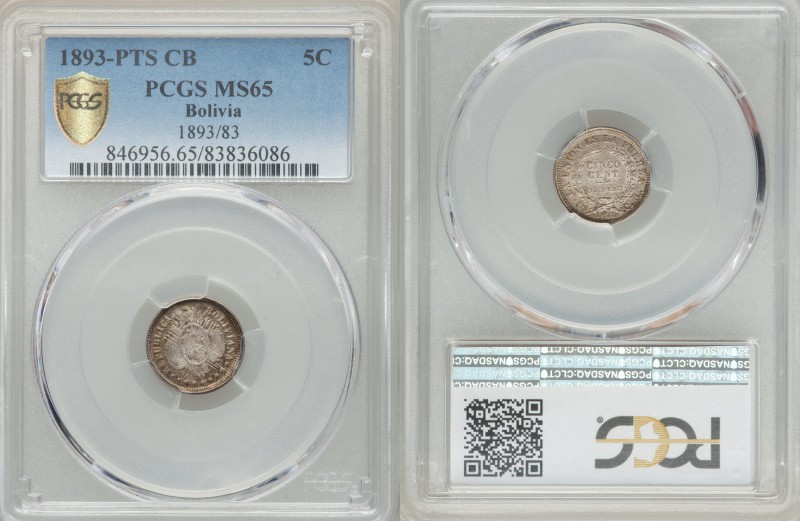 Republic 5 Centavos 1893/83 PTS-CB MS65 PCGS, KM157.2. Crossed flags and weapons...