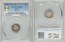 Republic 5 Centavos 1893/83 PTS-CB MS65 PCGS, KM157.2. Crossed flags and weapons behind condor-topped oval arms, stars below / Bar between CENT and 9 ...