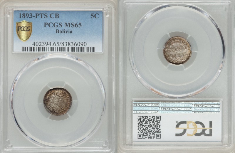 Republic 5 Centavos 1893 PTS-CB MS65 PCGS, KM157.2. Crossed flags and weapons be...
