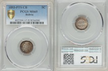 Republic 5 Centavos 1893 PTS-CB MS65 PCGS, KM157.2. Crossed flags and weapons behind condor-topped oval arms, stars below / Bar between CENT and 9 D, ...