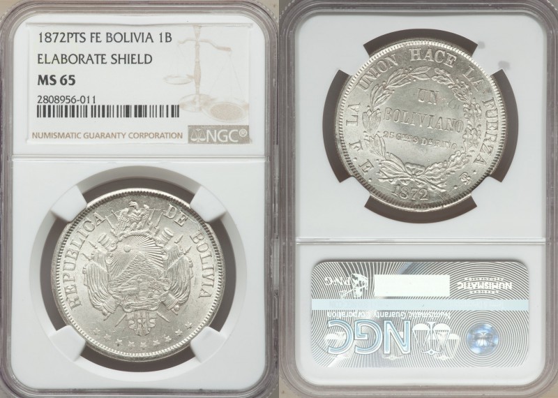 Republic Boliviano 1872 PTS-FE MS65 NGC, Potosi mint, KM155.4. Crossed flags and...