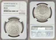 Republic Boliviano 1872 PTS-FE MS65 NGC, Potosi mint, KM155.4. Crossed flags and weapons behind condor-topped oval arms on ornate shield, 9 stars at b...