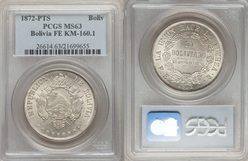 Republic Boliviano 1872 PTS-FE MS63 PCGS, Potosi mint, KM155.4. Crossed flags an...