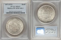 Republic Boliviano 1872 PTS-FE MS63 PCGS, Potosi mint, KM155.4. Crossed flags and weapons behind condor-topped oval arms on ornate shield, 9 stars at ...