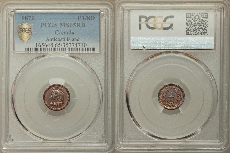 Anticosti Island copper Pattern 1/8 Penny Token 1870 MS65 Red and Brown PCGS, KM...