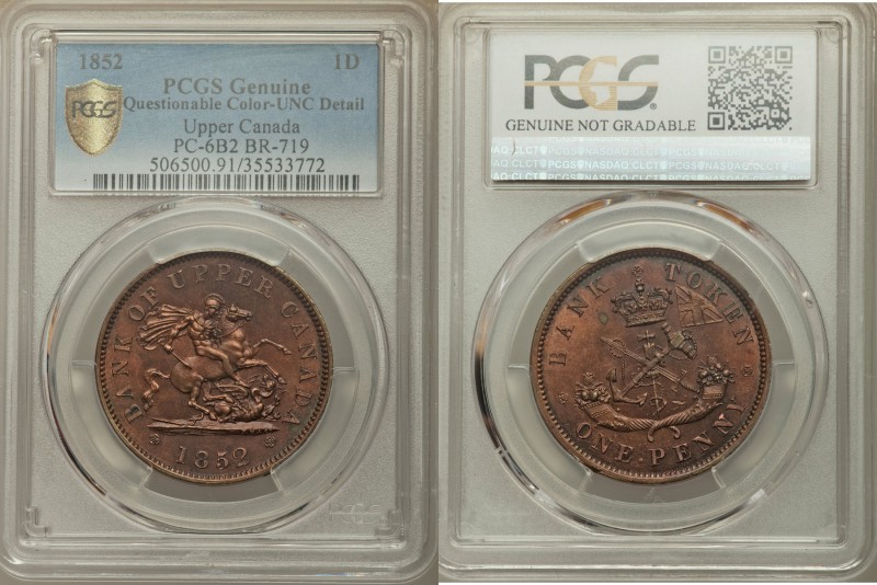 Bank of Upper Canada Penny 1852 UNC Details (Questionable Color) PCGS, KM-Tn3, P...
