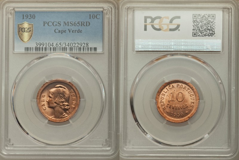 Portuguese Colonial 10 Centavos 1930 MS65 Red PCGS, KM-2. Denomination at center...
