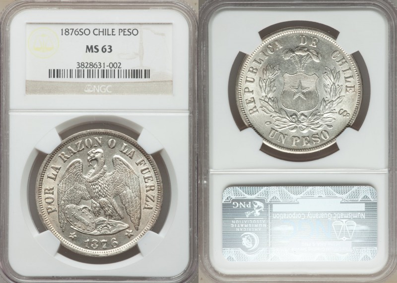 Republic Peso 1876-So MS63 NGC, Santiago mint, KM142.1. Plumed arms within wreat...