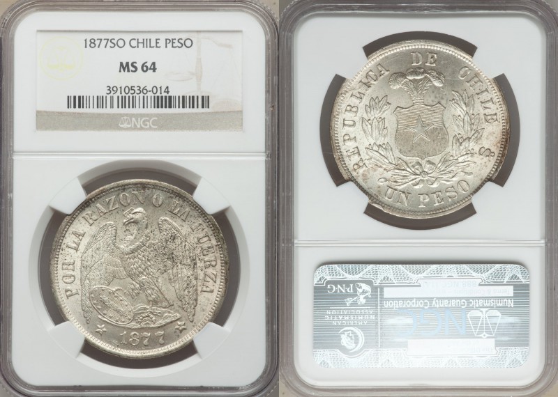 Republic Peso 1877-So MS64 NGC, Santiago mint, KM142.1. Plumed arms within wreat...