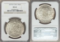 Republic Peso 1877-So MS64 NGC, Santiago mint, KM142.1. Plumed arms within wreath / Condor with wings spread and shield, and date below with a star to...
