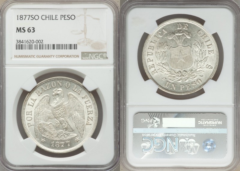 Republic Peso 1877-So MS63 NGC, Santiago mint, KM142.1. Plumed arms within wreat...