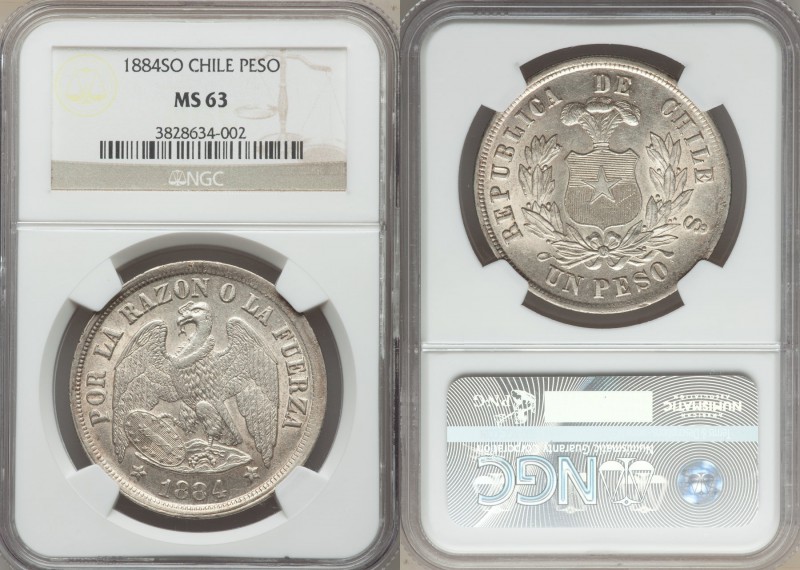 Republic Peso 1884-So MS63 NGC, Santiago mint, KM142.1. Plumed arms within wreat...