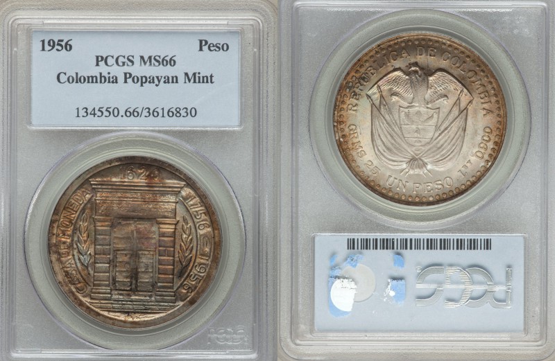 Republic Peso 1956 MS66 PCGS, Popayan mint, KM216. Arms above denomination / Mon...