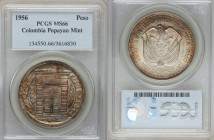 Republic Peso 1956 MS66 PCGS, Popayan mint, KM216. Arms above denomination / Monument, sprays flank, date above. Struck to commemorate the 200th Anniv...
