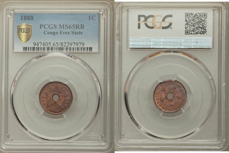 Leopold II Centime 1888 MS65 Red and Brown PCGS, KM1. Crowned monograms circle c...