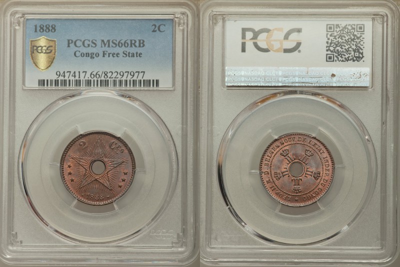 Leopold II 2 Centimes 1888 MS66 Red and Brown PCGS, KM2. Crowned monograms circl...