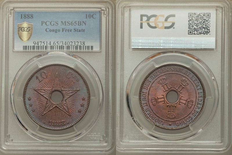 Leopold II 10 Centimes 1888 MS65 Brown PCGS, KM4. Edge: Reeded. Crowned monogram...
