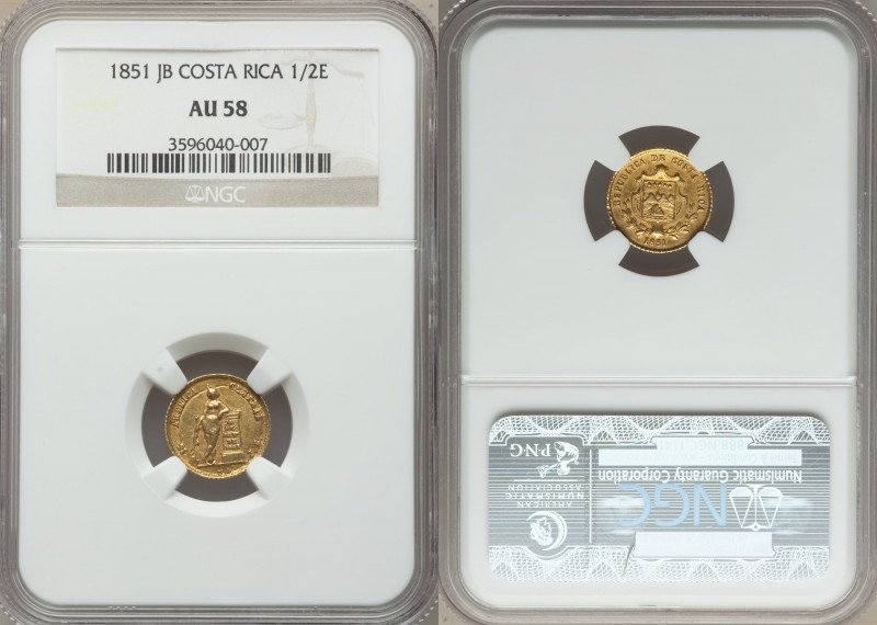 Republic gold 1/2 Escudo 1851-JB AU58 NGC, San Jose mint, KM97. Ornate arms / In...