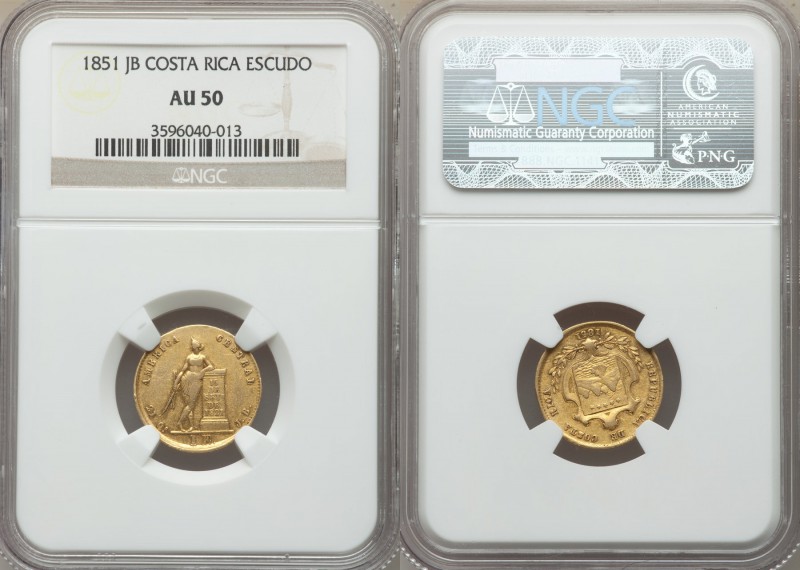 Republic gold Escudo 1851-JB AU50 NGC, San Jose mint, KM98. Ornate arms within s...