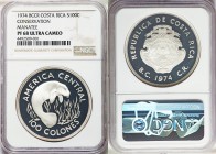 Republic Proof 100 Colones 1974 PR68 Ultra Cameo NGC, British Royal Mint mint, KM201a. National arms, date below divides BC from CR / Manatee, denomin...