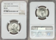 Republic 25 Centavos 1953 MS64 NGC, KM27. Liberty cap on post, denomination at right / Bust, left. Struck to commemorate the Centennial of the birth o...