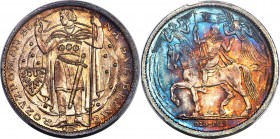 Republic 5 Dukaten 1929 MS66 PCGS, KM-XM5. Full-length standing figure facing left, heraldic shield to left / Rider and horse advancing, left, one hoo...