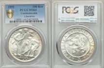 Republic 100 Korun 1955 MS64 PCGS, KM45. Czech lion with Slovak shield / Man and boy welcoming soviet soldiers. Struck to commemorate the 10th Anniver...