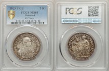 Christian IX 2 Kroner 1903 P-GJ MS65 PCGS, Copenhagen mint, KM802. Armored bust right, with titles and anniversary dates, date / Seated woman holding ...