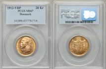 Frederik VIII gold 20 Kroner 1912-VBP MS67 PCGS, Copenhagen mint, KM810. Head left, with titles / Crowned and mantled arms above date, value, mint mar...