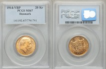 Christian X gold 20 Kroner 1914-VBP MS67 PCGS, Copenhagen mint, KM817.1. Head right with title, date, mint mark, initials VBP, initials AH at neck / C...